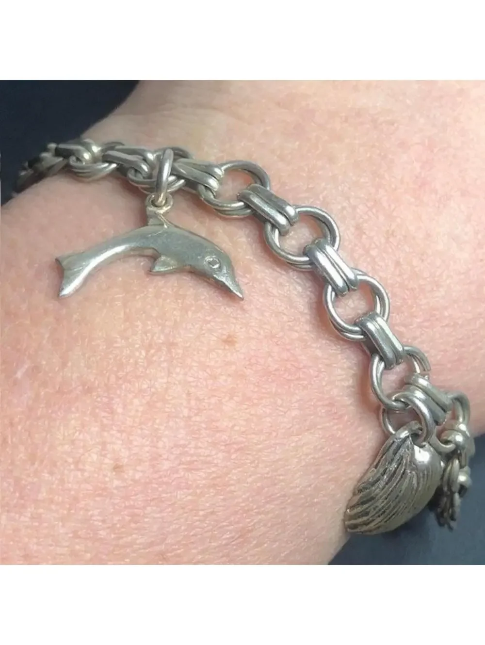 B1426 Sterling Silver Charm Bracelet 6.5" Shell Ocean Dolphin Sand Dollar 16.3" - Picture 2 of 4
